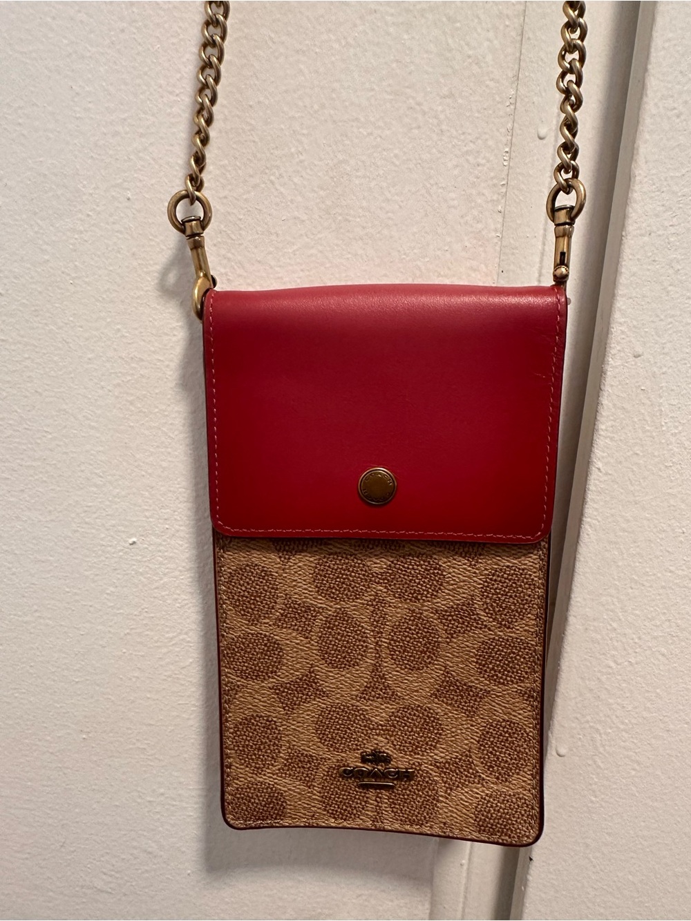 Coach Red Leather & Tan Monogram Crossbody Phone Pouch